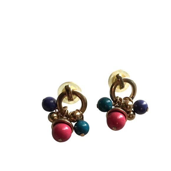WOMENS GOLD TONE GREEN/BLUE/RED STONE DANGLE EARRINGS